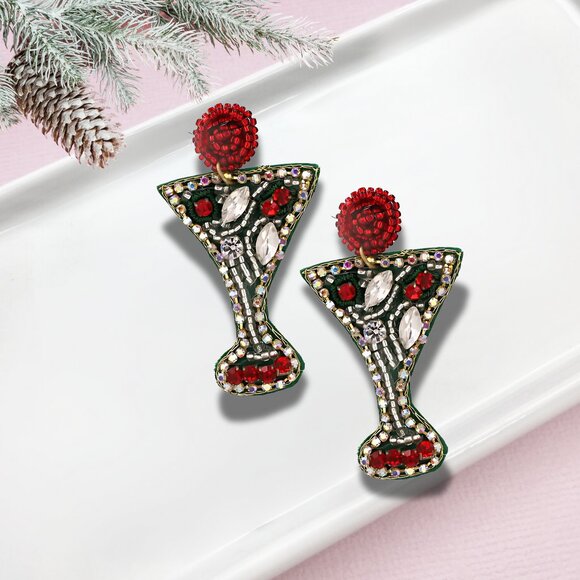 Austrian Crystal Rhinestone Beaded Martini Cocktail Glass Christmas Earrings - Picture 2 of 6
